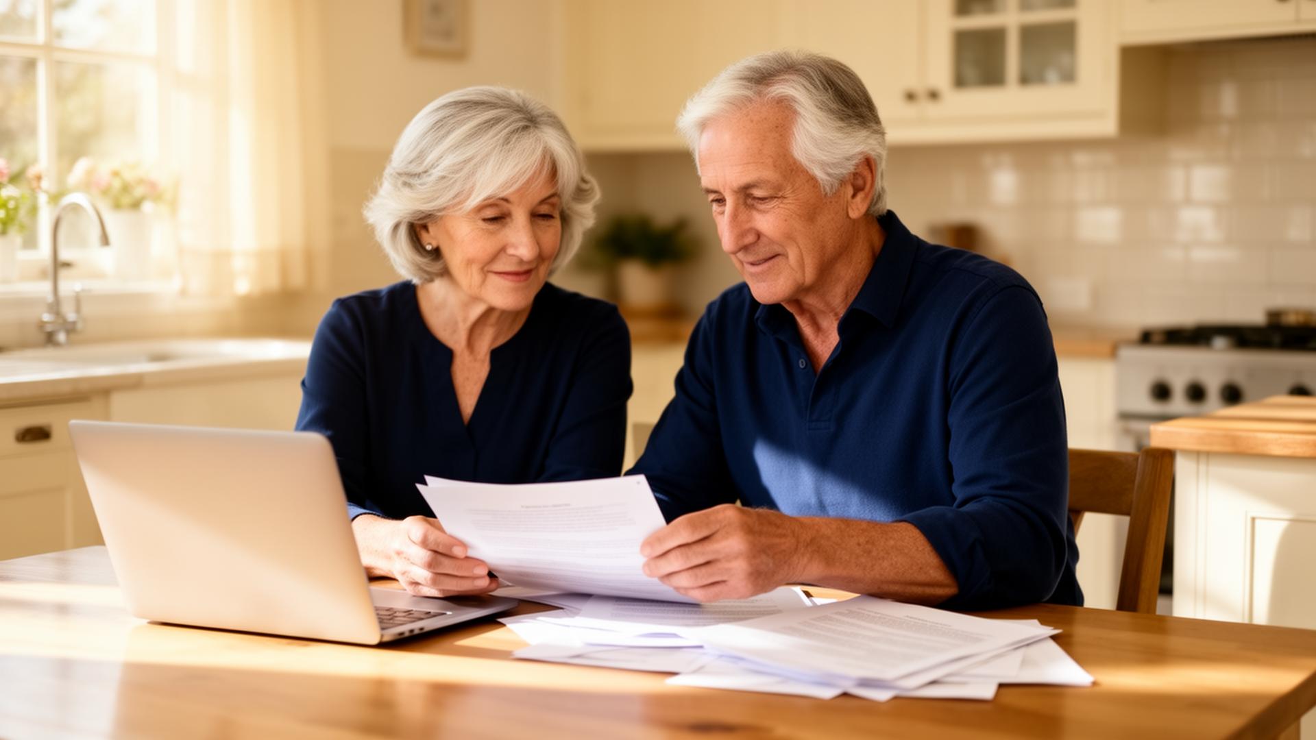 An older Australian couple reviewing their retirement information at home